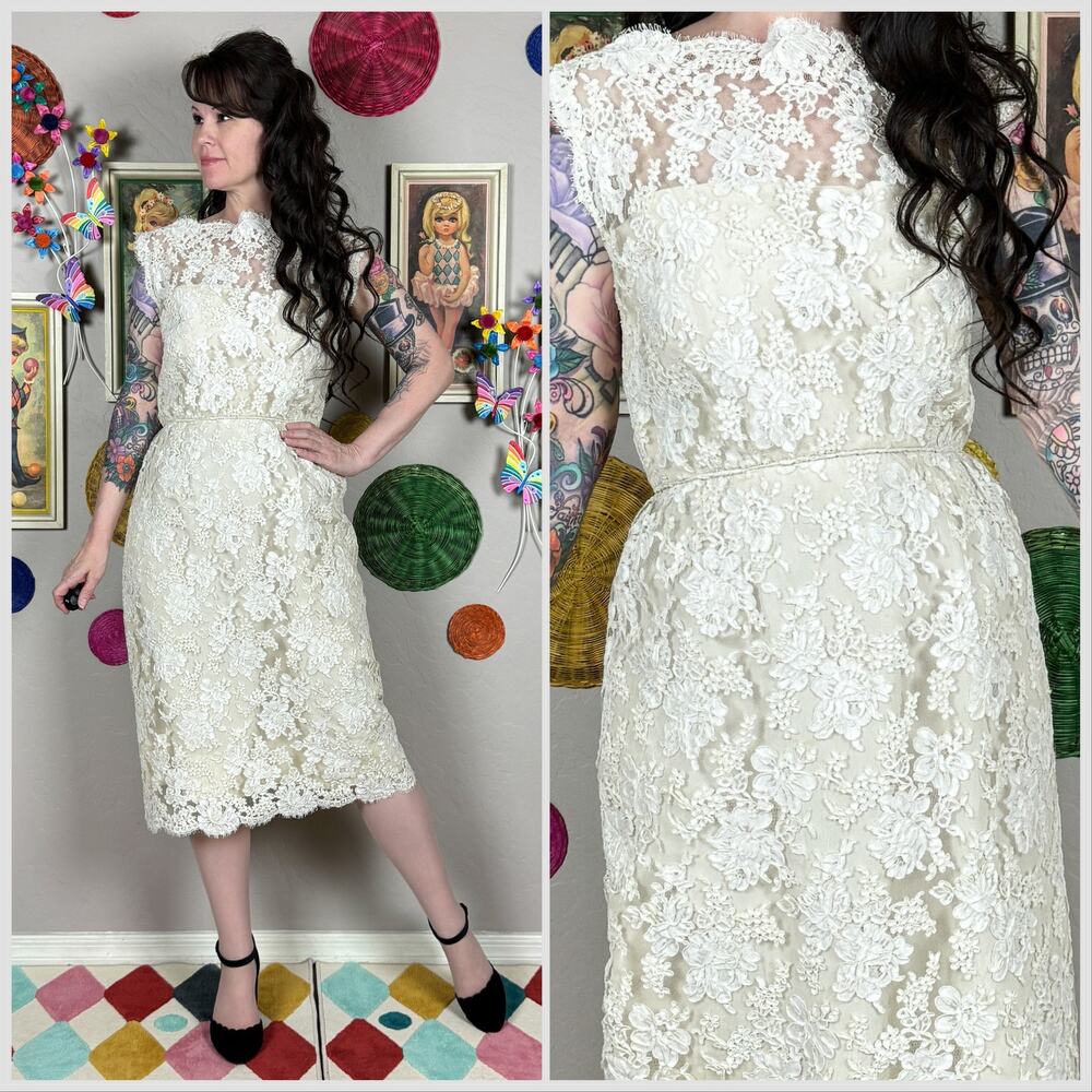 Vintage 1960s Sleeveless Ivory Alencon Lace Illusion Sheath Dress